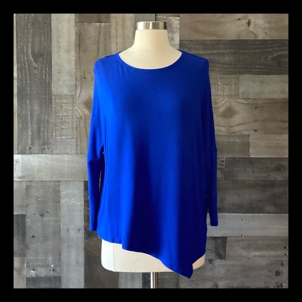 Zara Blue Asymmetrical Top Small Batwing Sleeve Slouchy Elegant Quiet Luxury